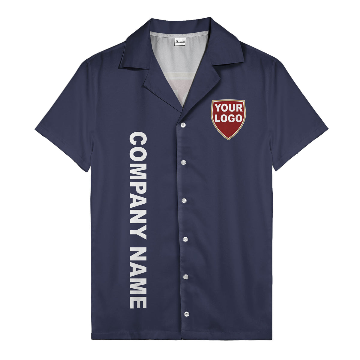 shield logo & vertical text customizable corporate hawaiian shirt