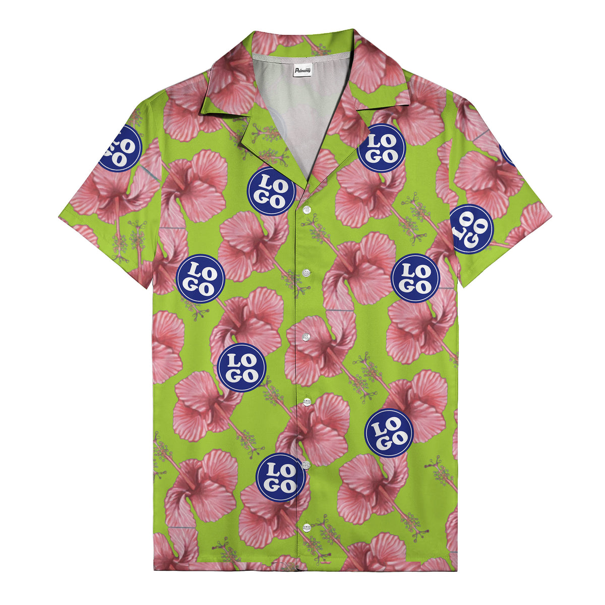 watercolor pink hibiscus & blue logo repeat aloha hawaiian shirt