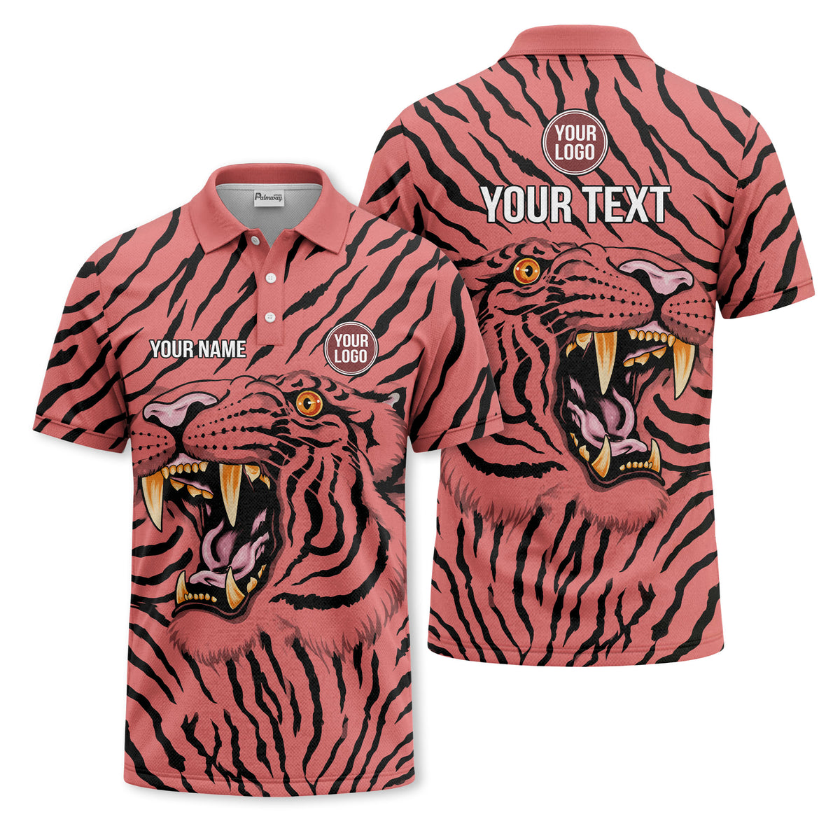 Custom Pink Tiger & Tiger Stripe Print Short Sleeve Polo Shirt - Personalized Name & Logo Graphic Golf Polo