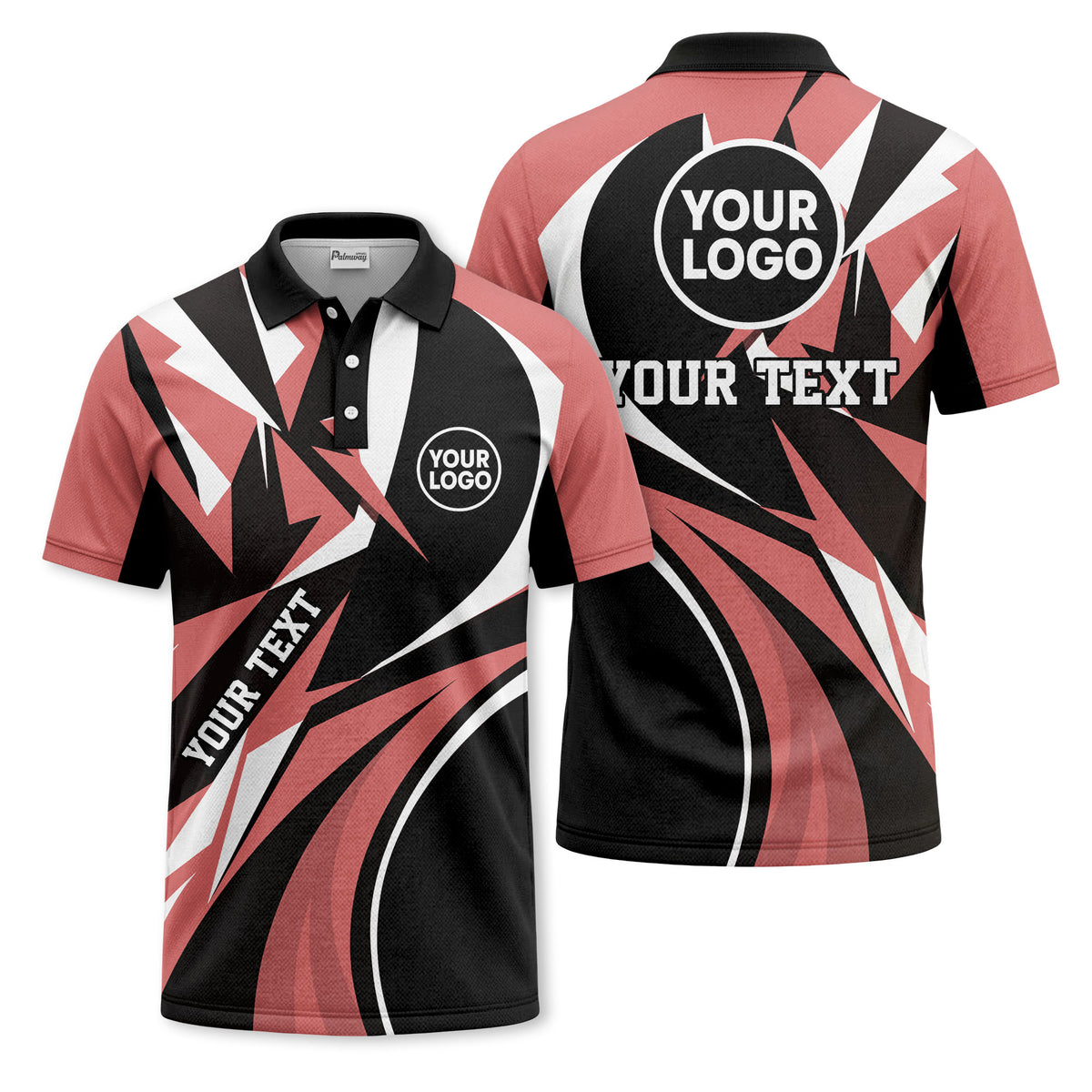 Custom Coral Red, Black & White Abstract Geometric Wave Print Short Sleeve Polo Shirt - Personalized Text & Logo Athletic Golf Polo