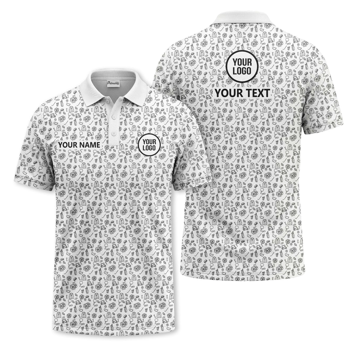 Custom Golf Doodle Pattern All-Over Print Short Sleeve Polo Shirt - Personalized Name & Logo Athletic Golf Polo
