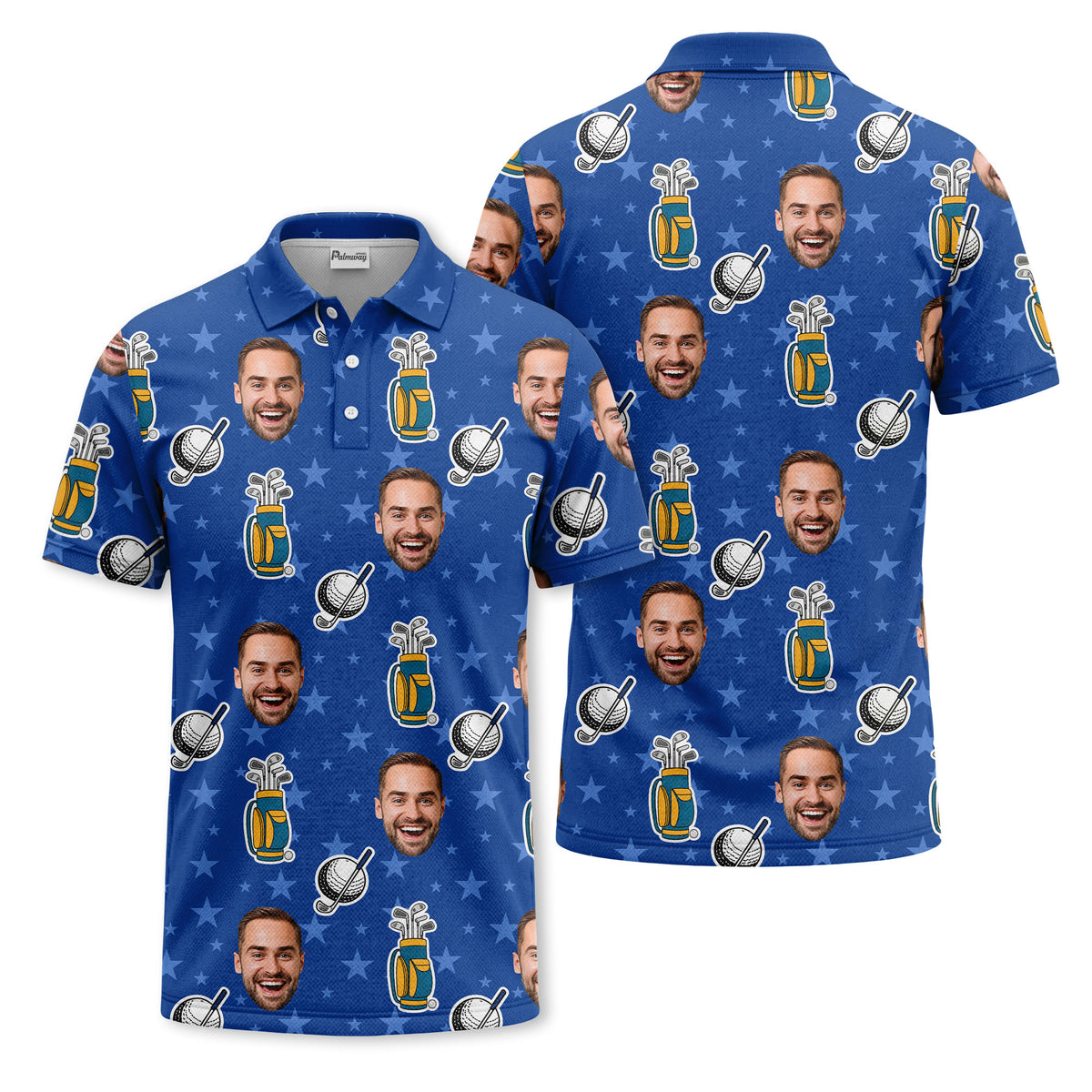 Custom Golf Equipment, Stars & Face All-Over Print Short Sleeve Polo Shirt - Personalized Photo Athletic Golf Polo