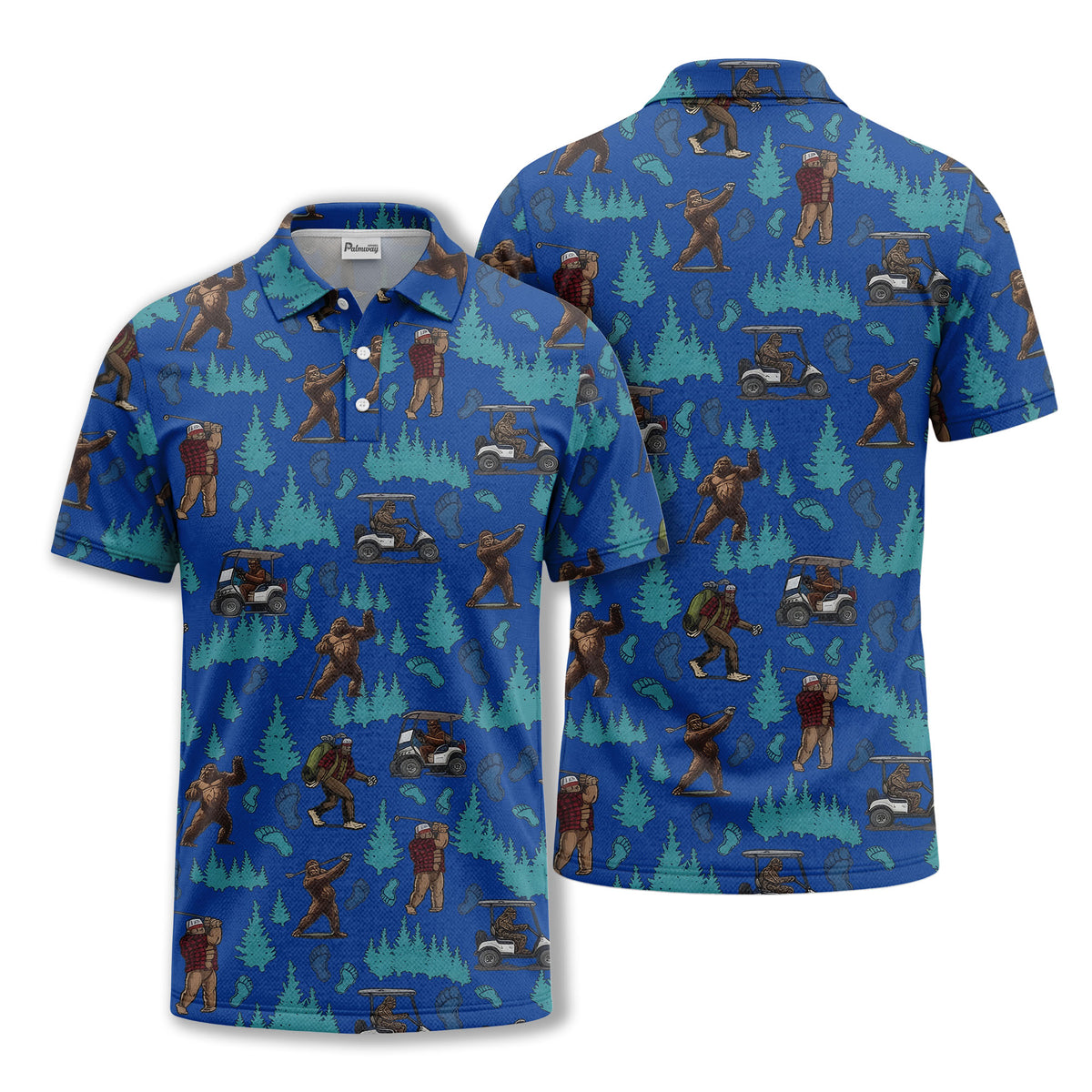 Custom Bigfoot Golfing & Pine Trees All-Over Print Short Sleeve Polo Shirt - Athletic Golf Polo