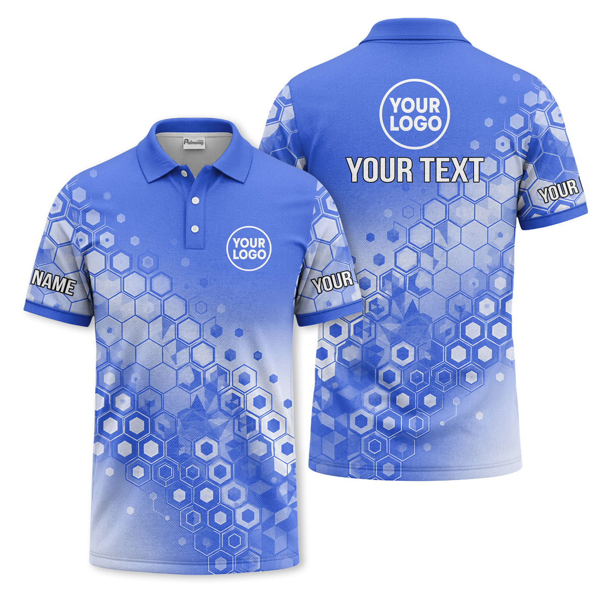 Custom Blue Hexagon Geometric Honeycomb Print Short Sleeve Polo Shirt - Personalized Name & Logo Athletic Golf Polo