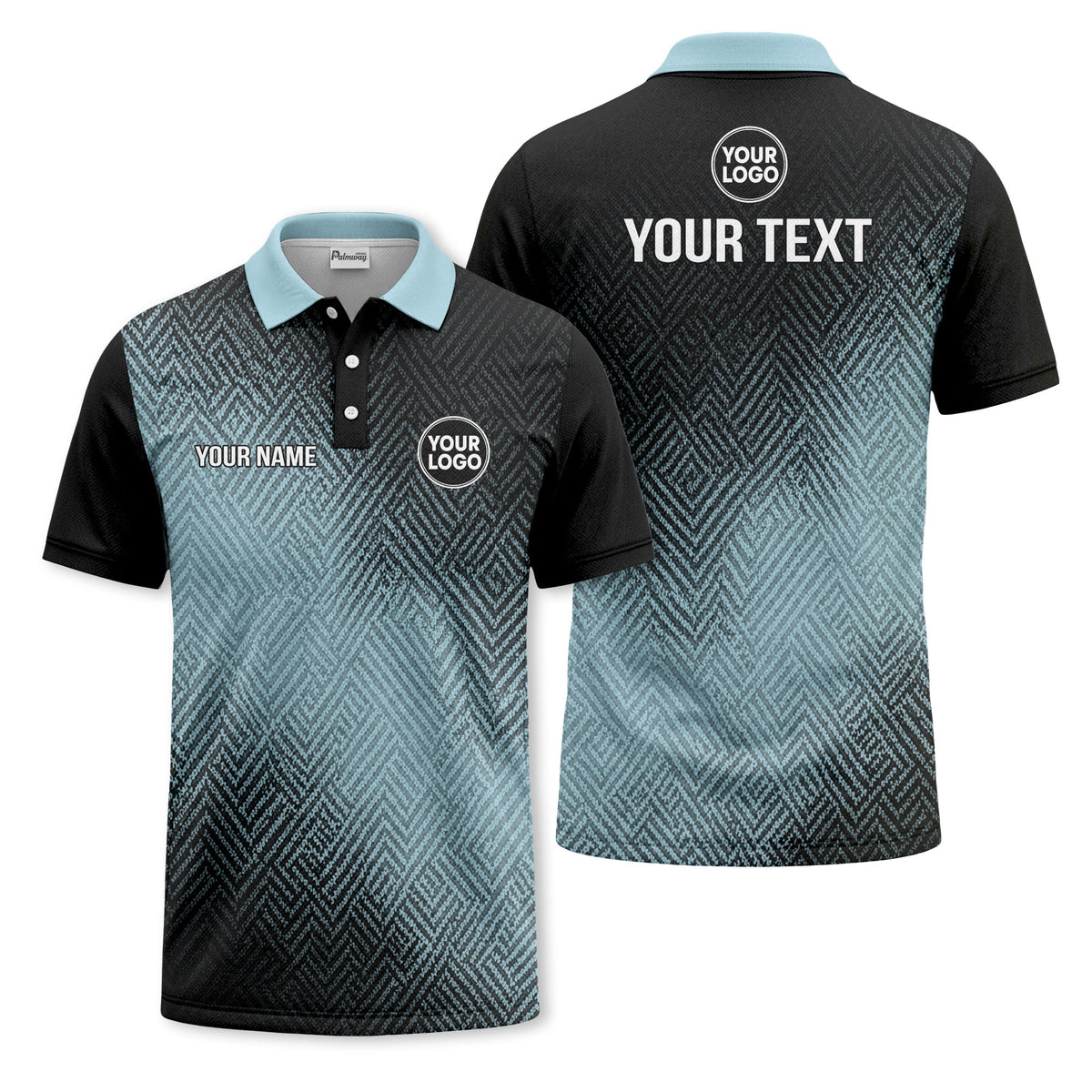 Custom Black & Light Blue Geometric Chevron Texture Print Short Sleeve Polo Shirt - Personalized Name & Logo Golf Polo