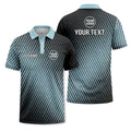 Custom Black & Light Blue Carbon Fiber Diagonal Stripe Print Short Sleeve Polo Shirt - Personalized Name & Logo Golf Polo