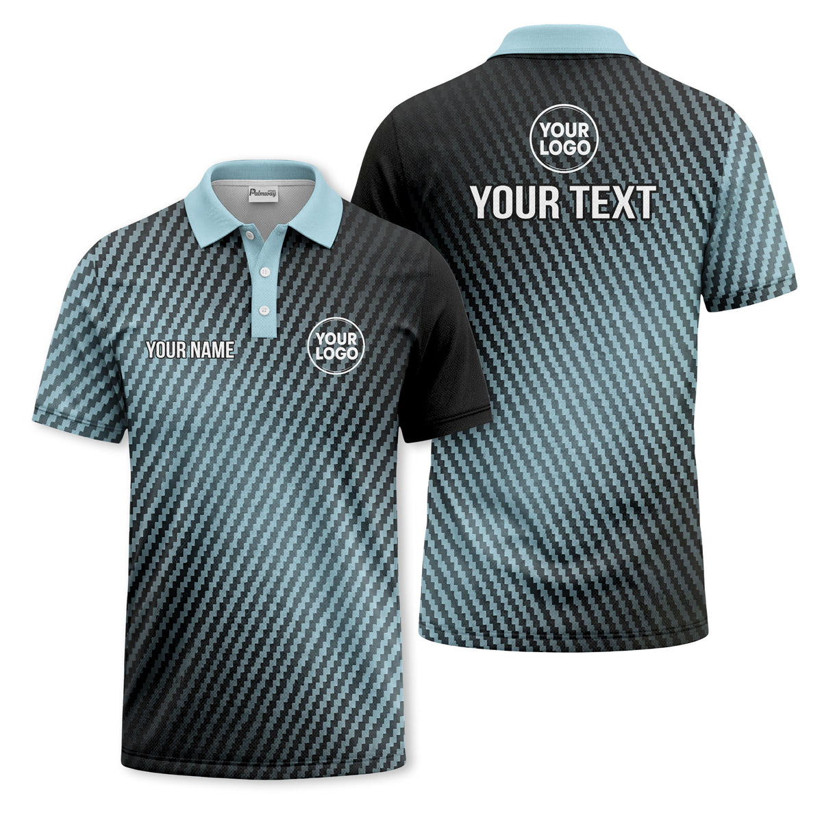 Custom Black & Light Blue Carbon Fiber Diagonal Stripe Print Short Sleeve Polo Shirt - Personalized Name & Logo Golf Polo