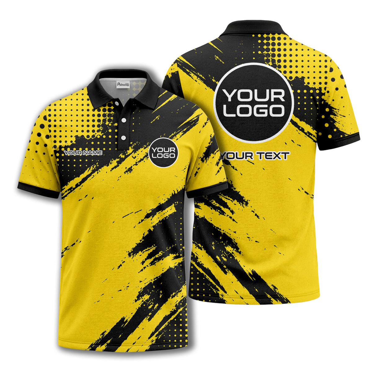 Custom Grunge Brush Stroke Golf Polo Shirt with Logo – Personalized Yellow Black Team & Tournament Golf Shirt