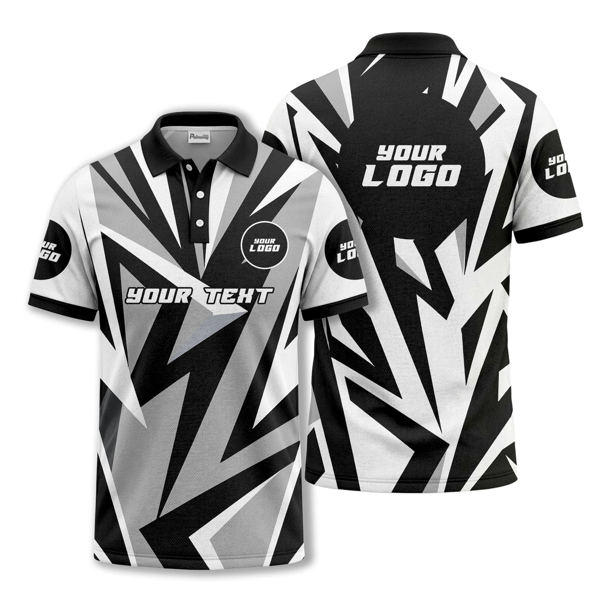 Custom Black, Grey & White Abstract Shattered Geometric Print Short Sleeve Polo Shirt - Personalized Text & Logo Athletic Golf Polo