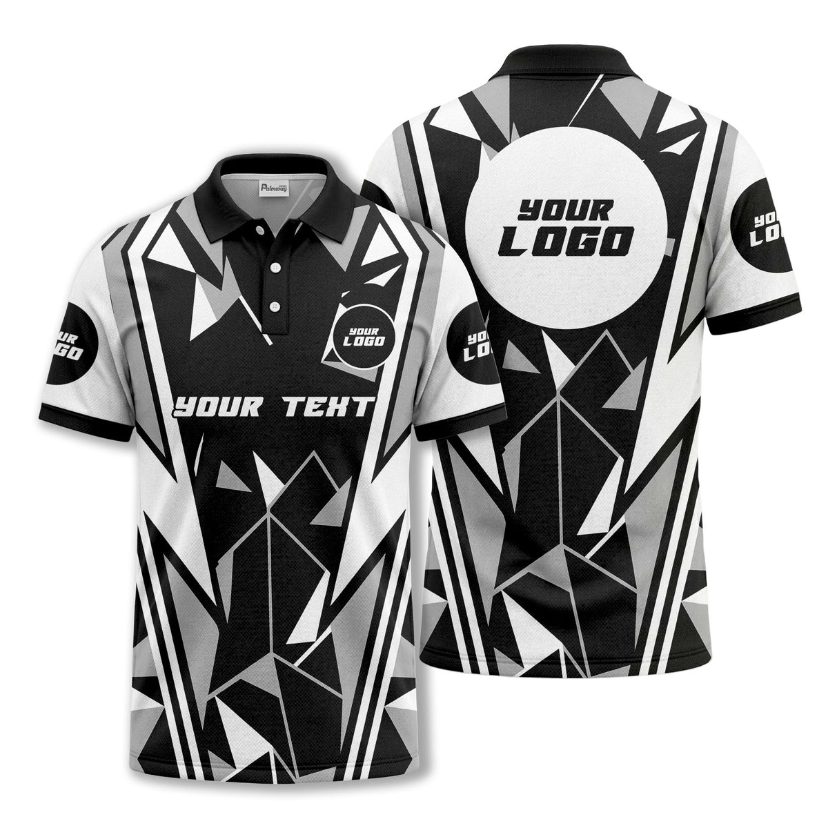Custom Black, Grey & White Abstract Geometric Low-Poly Polygon Print Short Sleeve Polo Shirt - Personalized Text & Logo Athletic Golf Polo