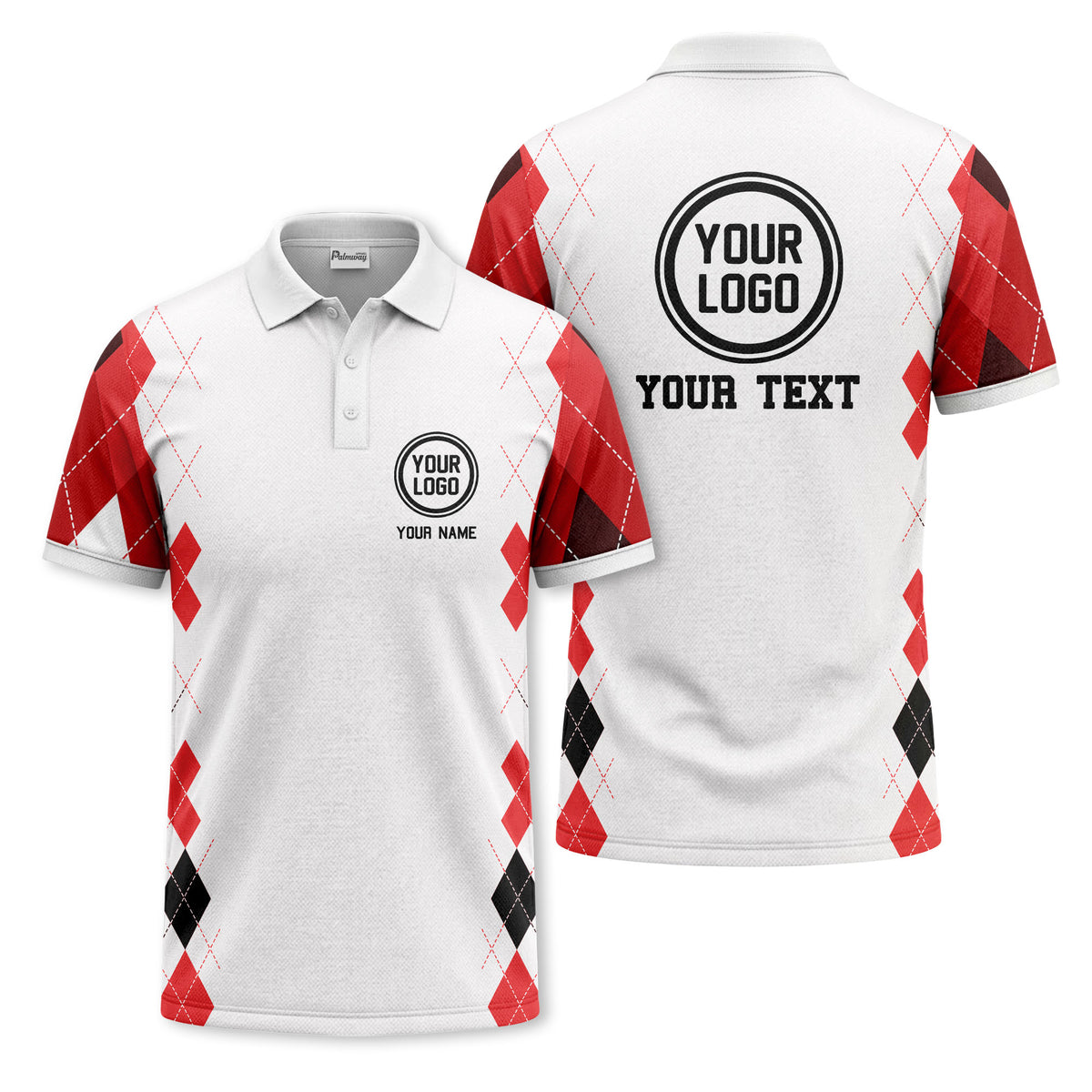 Custom Red & Black Argyle Diamond Side-Sleeve Print Short Sleeve Polo Shirt - Personalized Name & Logo Golf Polo