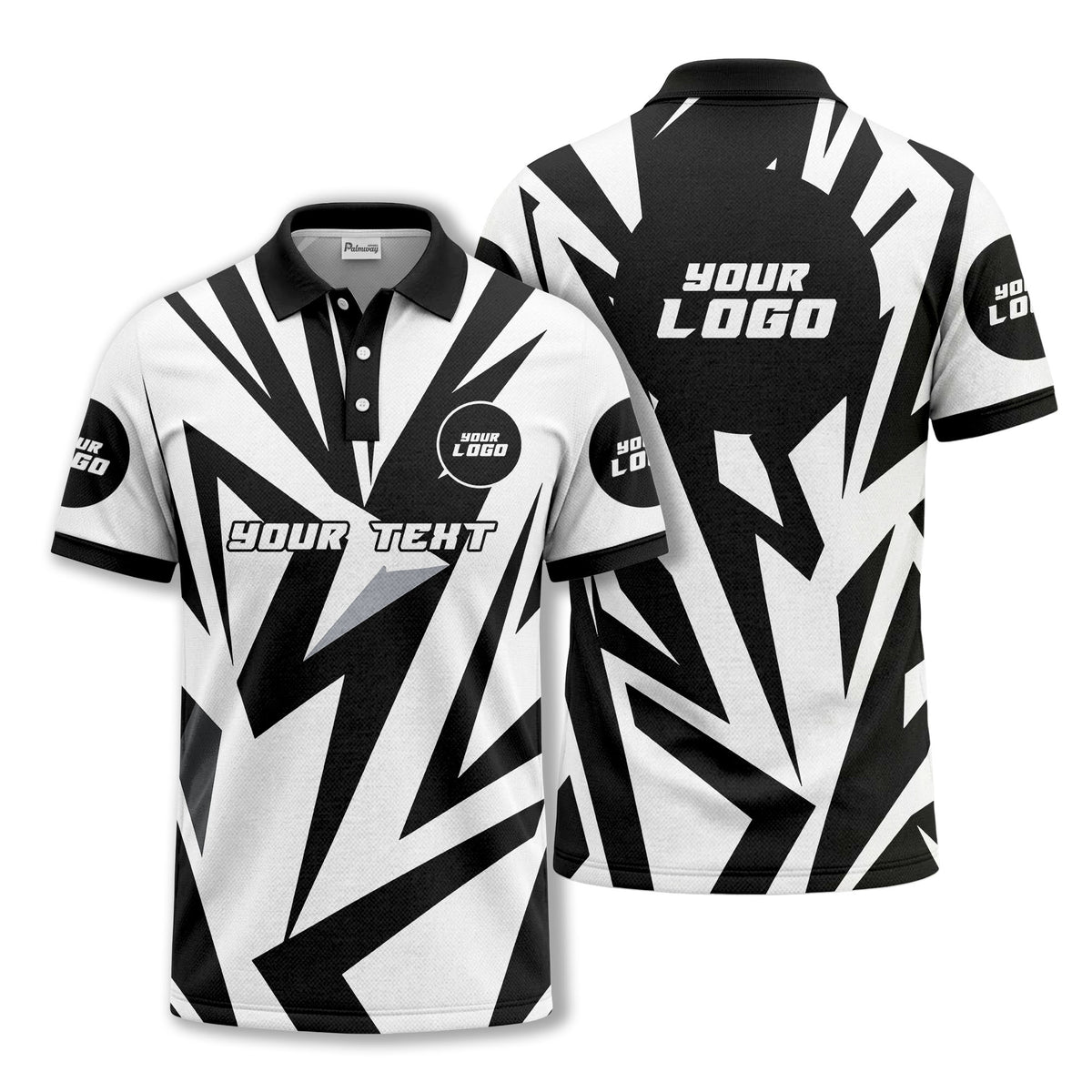 Custom Black, Grey & White Abstract Shattered Geometric Print Short Sleeve Polo Shirt - Personalized Text & Logo Athletic Golf Polo