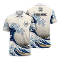Custom Japanese Great Wave Off Kanagawa Print Short Sleeve Polo Shirt - Personalized Name &amp; Logo Graphic Golf Polo