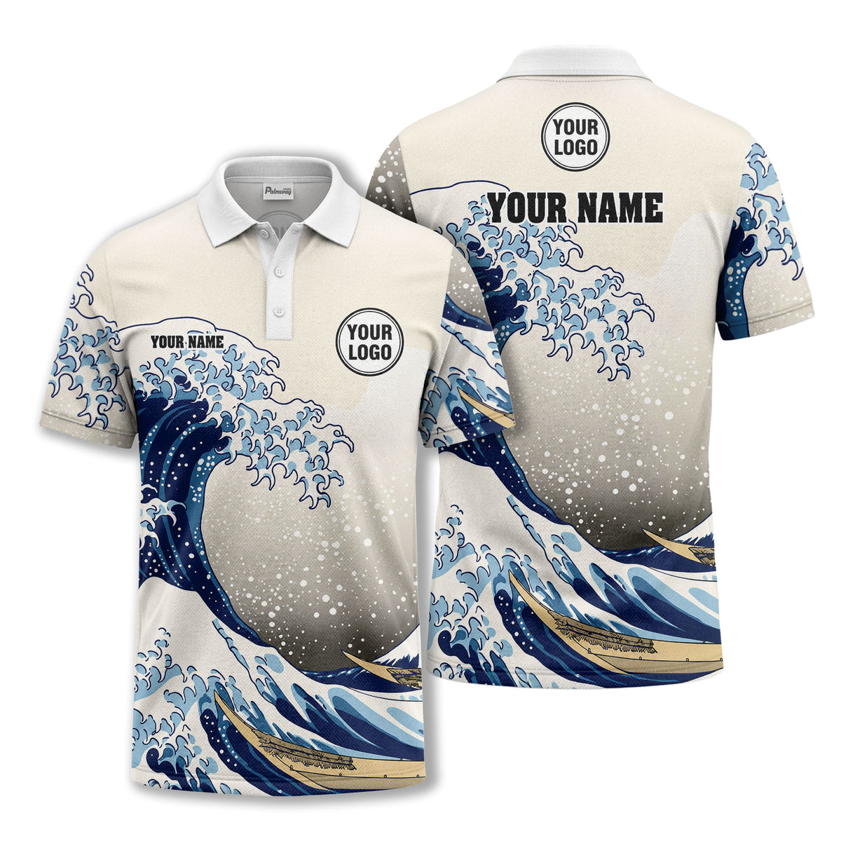 Custom Japanese Great Wave Off Kanagawa Print Short Sleeve Polo Shirt - Personalized Name &amp; Logo Graphic Golf Polo