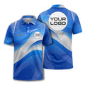 Custom Blue & White Abstract Curved Wave Pattern Short Sleeve Polo Shirt - Personalized Name & Logo Athletic Golf Polo