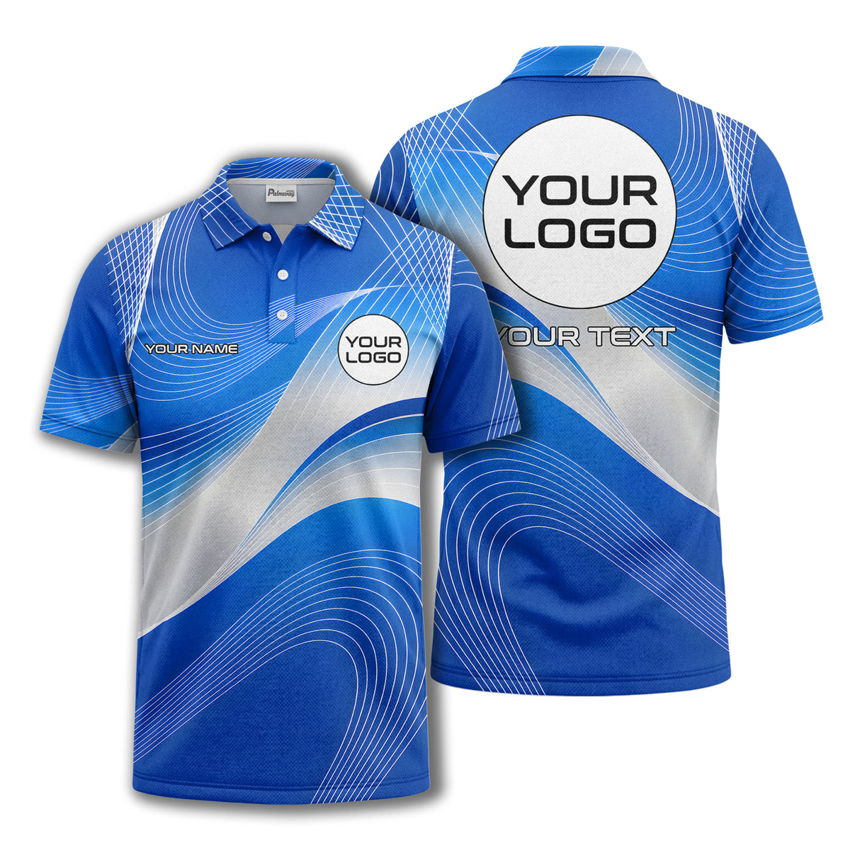 Custom Blue & White Abstract Curved Wave Pattern Short Sleeve Polo Shirt - Personalized Name & Logo Athletic Golf Polo