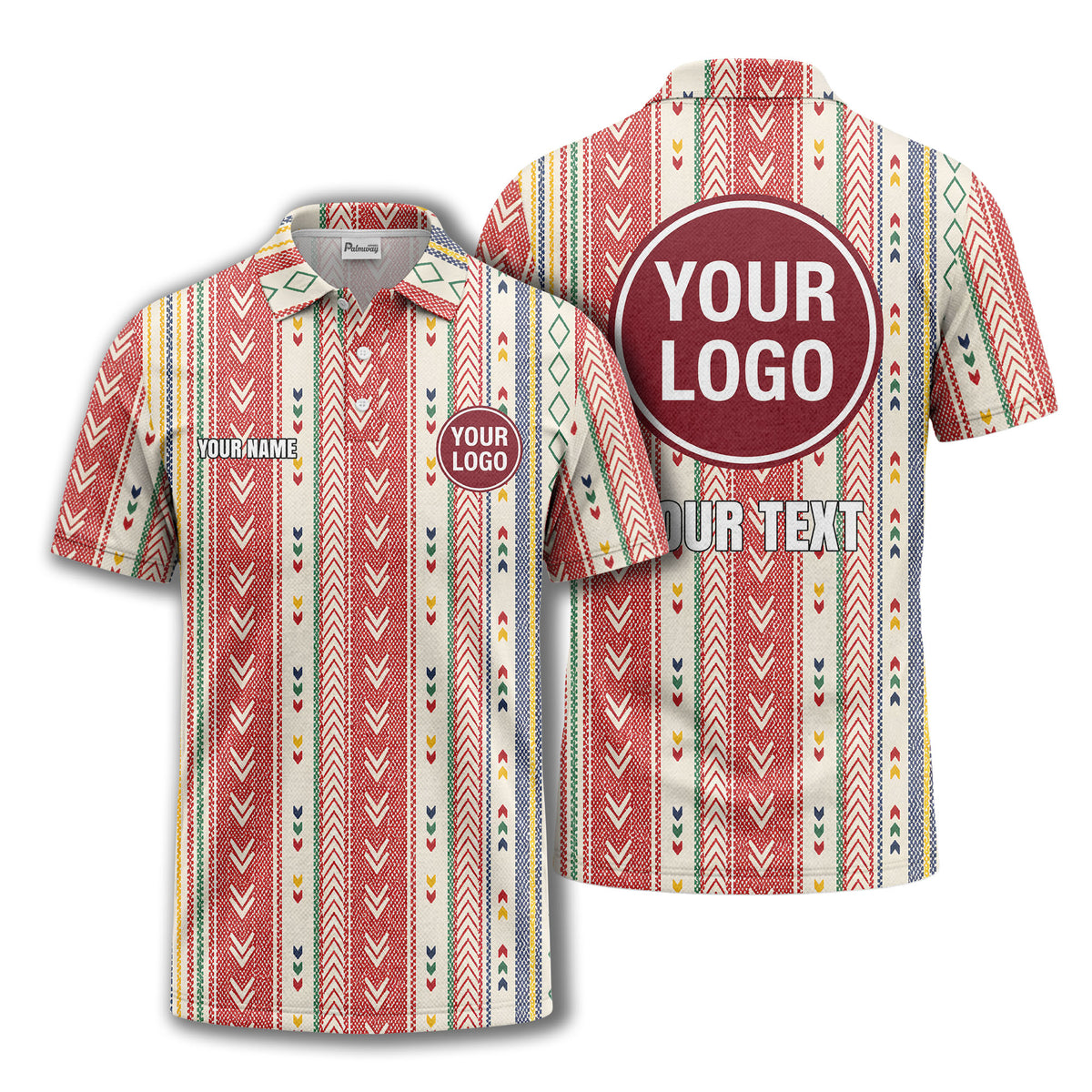 Custom Tribal Chevron Pattern Golf Polo Shirt – Personalized Logo & Name, Colorful Geometric Golf Team Apparel