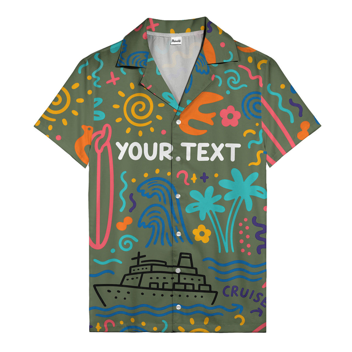 cartoon cruise ship palm trees surfboards wave hawaiian shirt