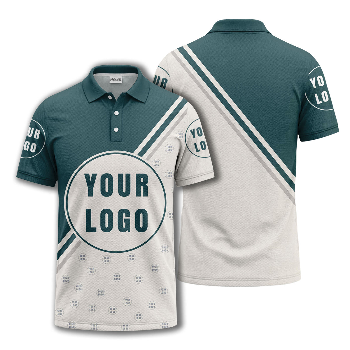 custom logo circles & diagonal stripes all over print polo shirt