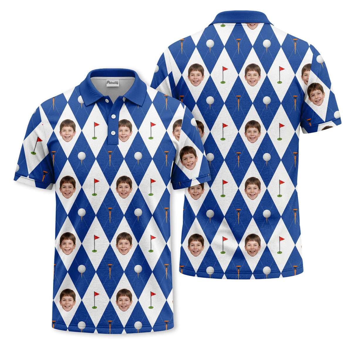 Custom Face Blue & White Argyle Diamond Print Short Sleeve Polo Shirt - Personalized Face & Photo Golf Polo