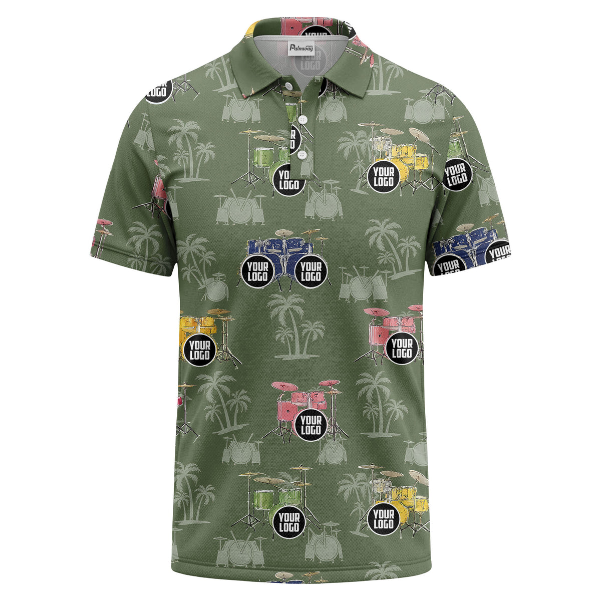 drum kit & palm tree repeat rock band polo shirt for men