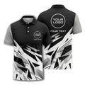 Custom Black, Grey & White Abstract Geometric Angular Fragment Print Short Sleeve Polo Shirt - Personalized Name & Logo Athletic Golf Polo