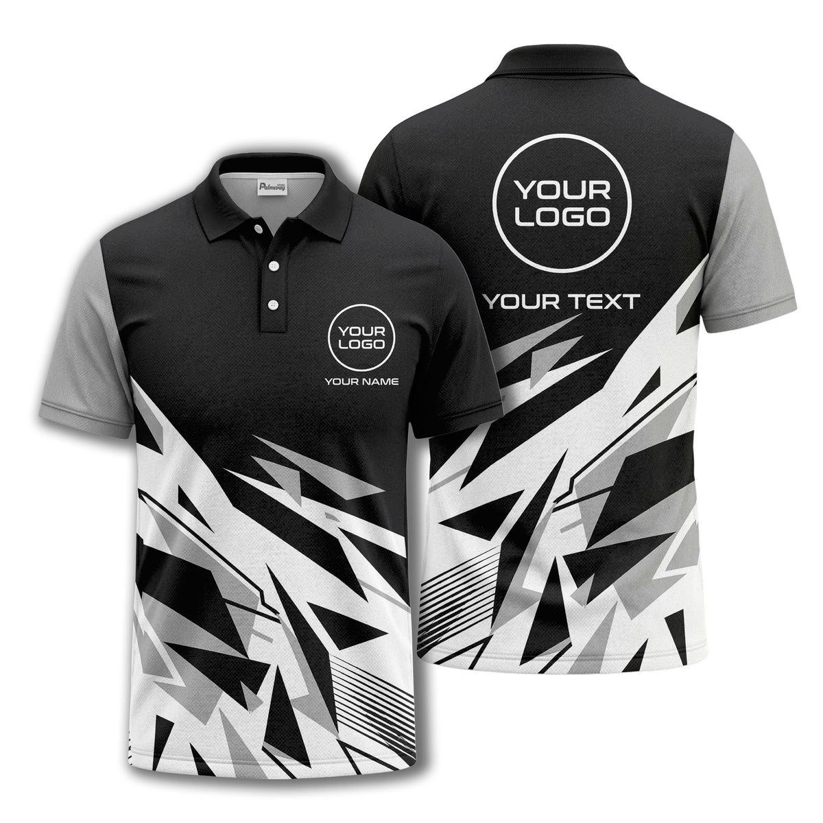 Custom Black, Grey & White Abstract Geometric Angular Fragment Print Short Sleeve Polo Shirt - Personalized Name & Logo Athletic Golf Polo