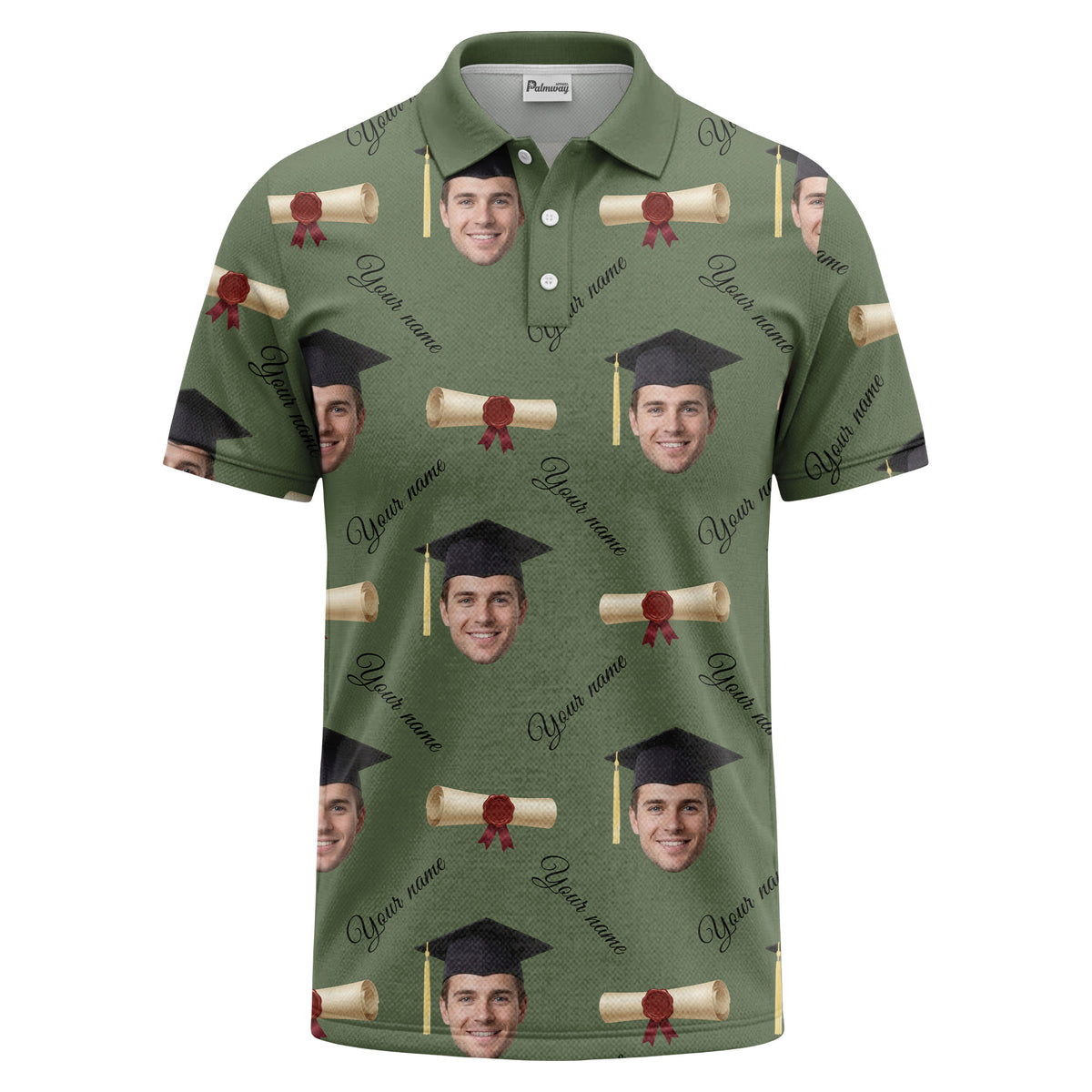 graduation caps & diploma scrolls over personalized faces polo shirt