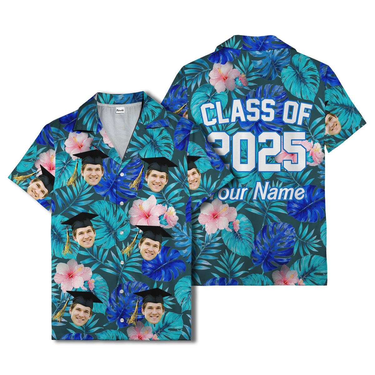 graduation caps tossed over hibiscus blooms on monstera hawaiian shirt