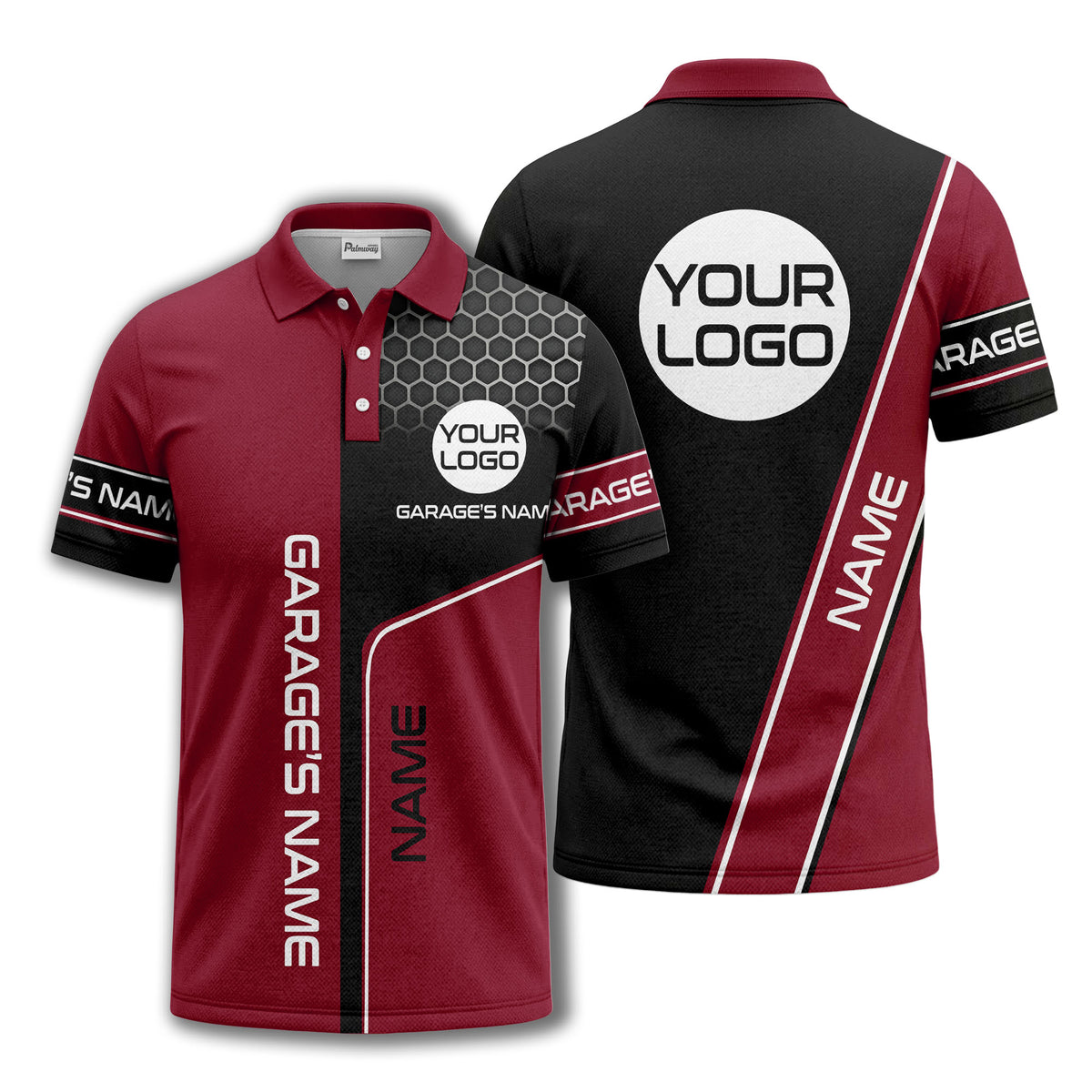 hexagonal grid garage name logo modern automotive polo shirt