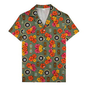 hibiscus & tiki masks all-over print hawaiian shirt for beach getaway