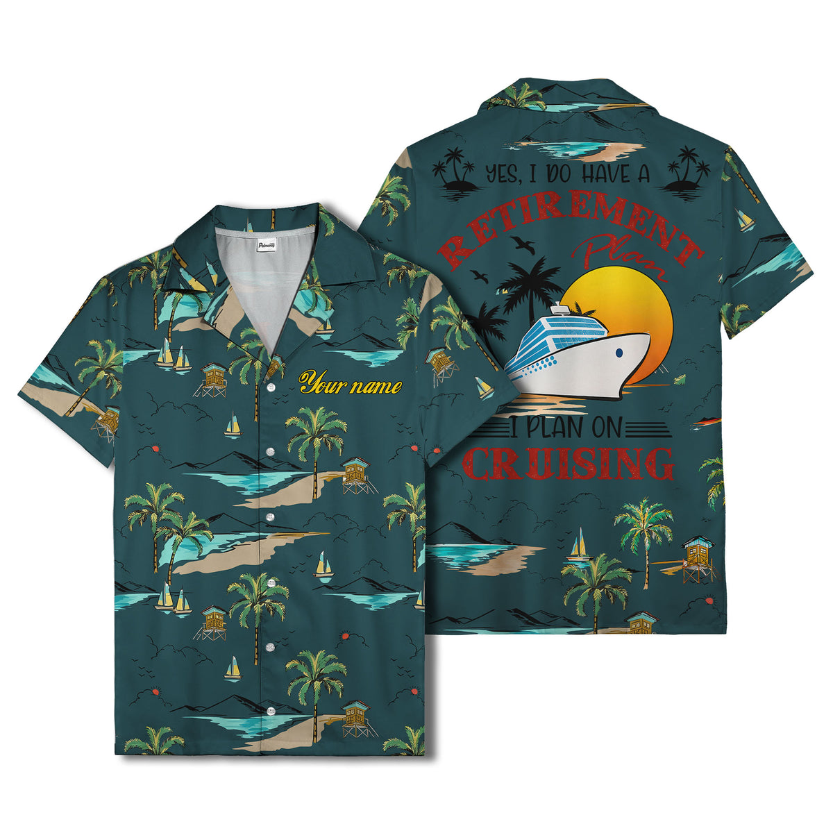 island paradise palm trees & sailboats sunset hawaiian shirt