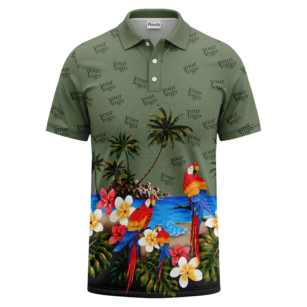 parrot palm plumeria beach watercolor polo shirt