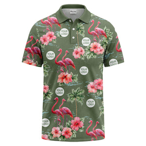 watercolor flamingos & hibiscus palm trees polo shirt for men