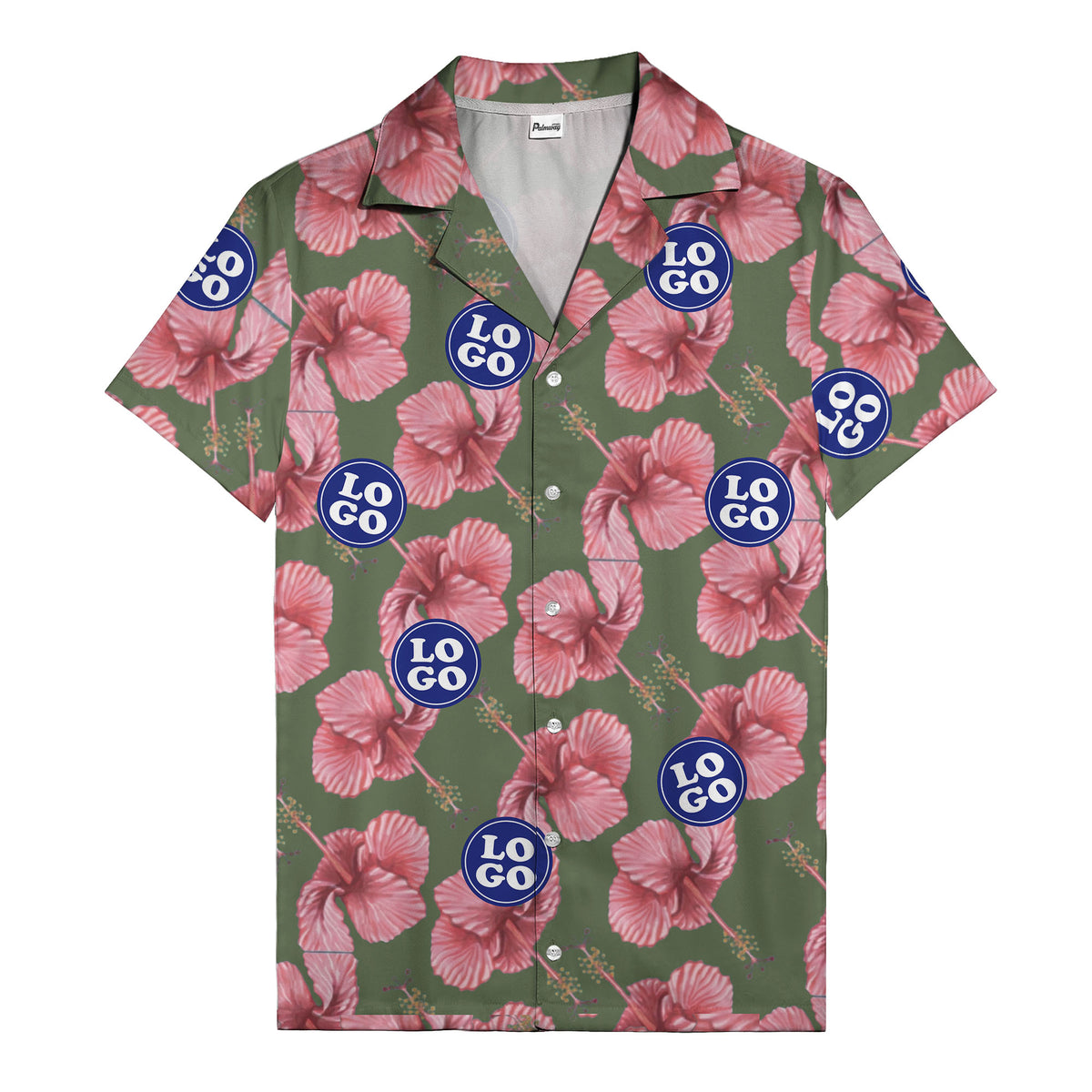 watercolor pink hibiscus & blue logo repeat aloha hawaiian shirt