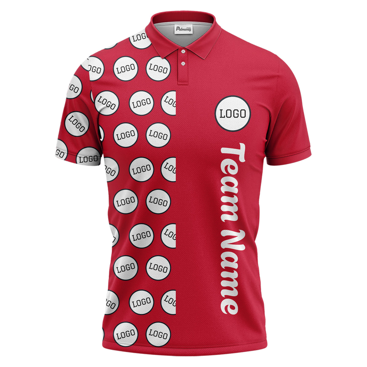 custom team logo polka dot repeat black & white polo shirt for men