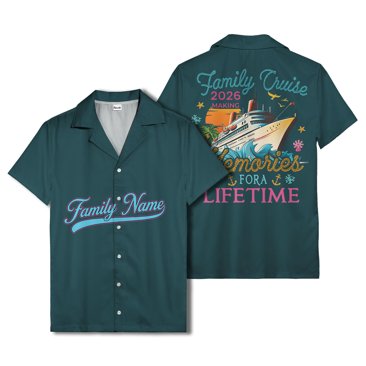 family name script & logo circle personalized hawaiian shirt