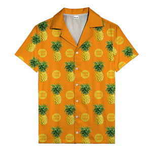 golden pineapple repeat & custom logo circles black hawaiian shirt