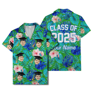 graduation caps tossed over hibiscus blooms on monstera hawaiian shirt