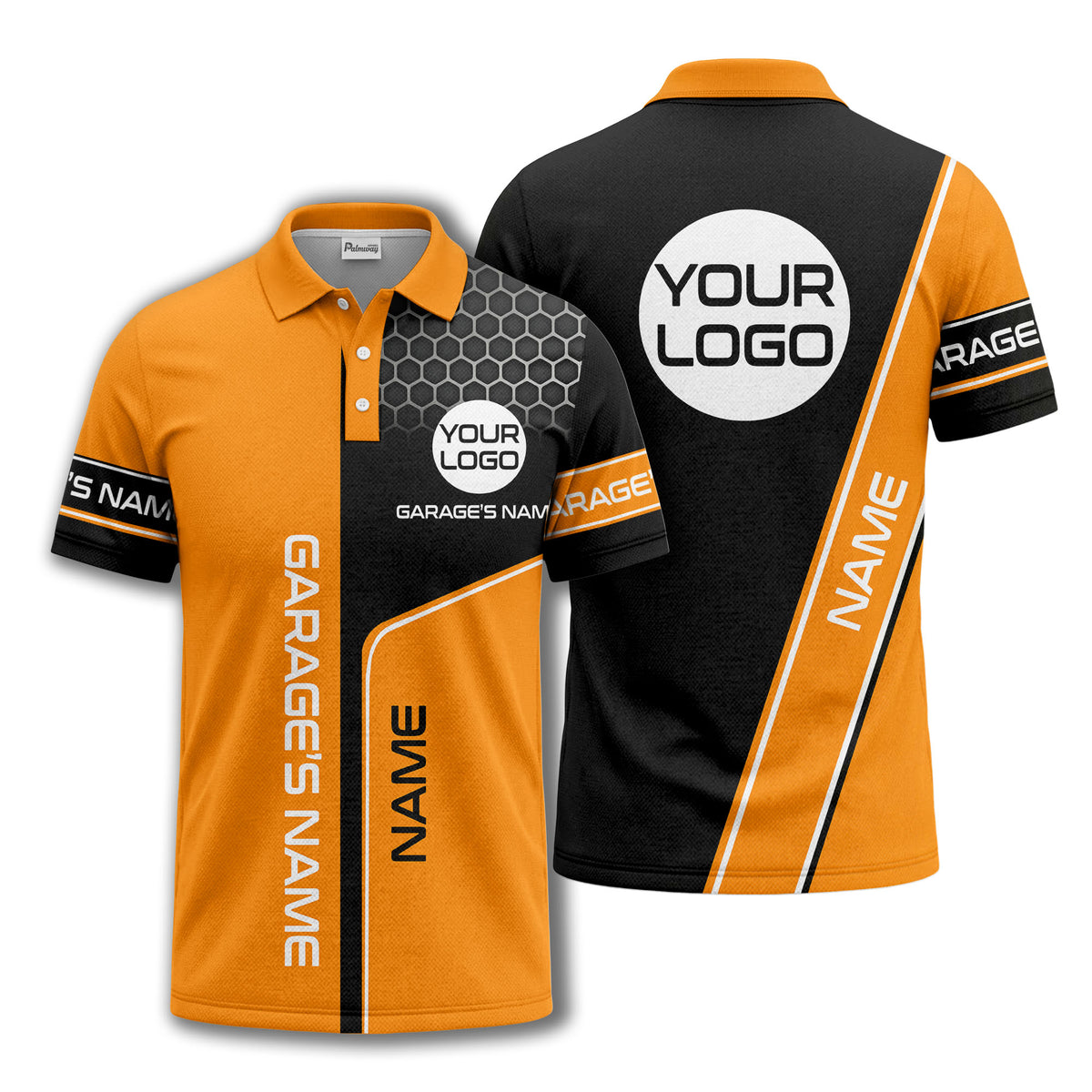 hexagonal grid garage name logo modern automotive polo shirt