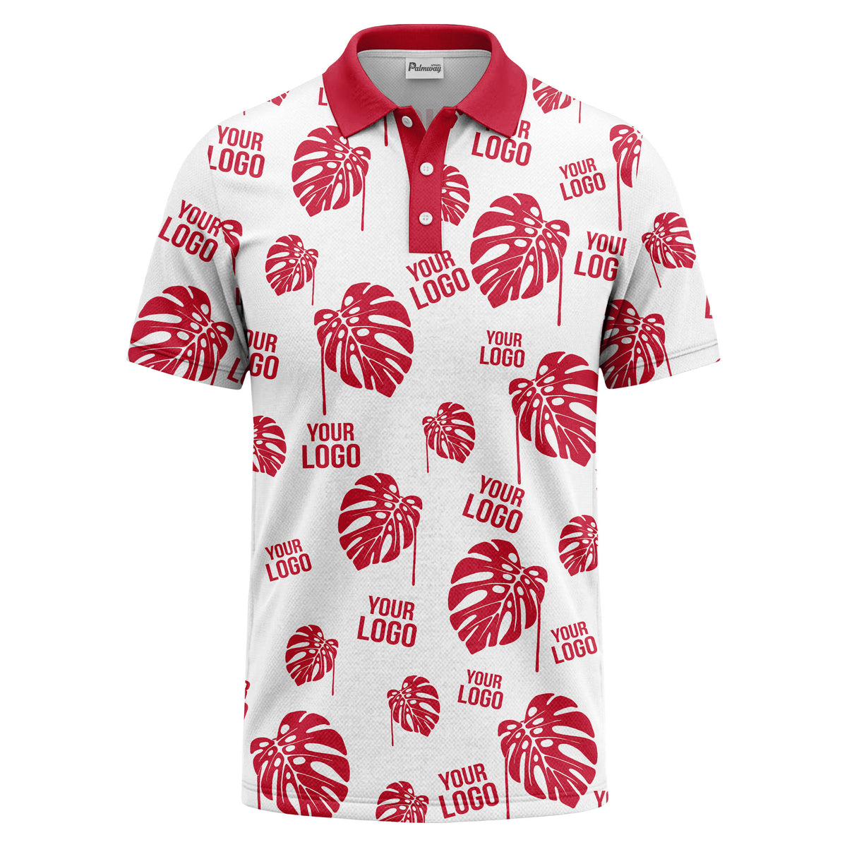 monstera leaves & custom logo repeat black white hawaiian polo shirt