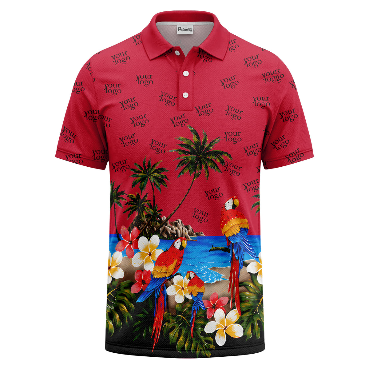 parrot palm plumeria beach watercolor polo shirt
