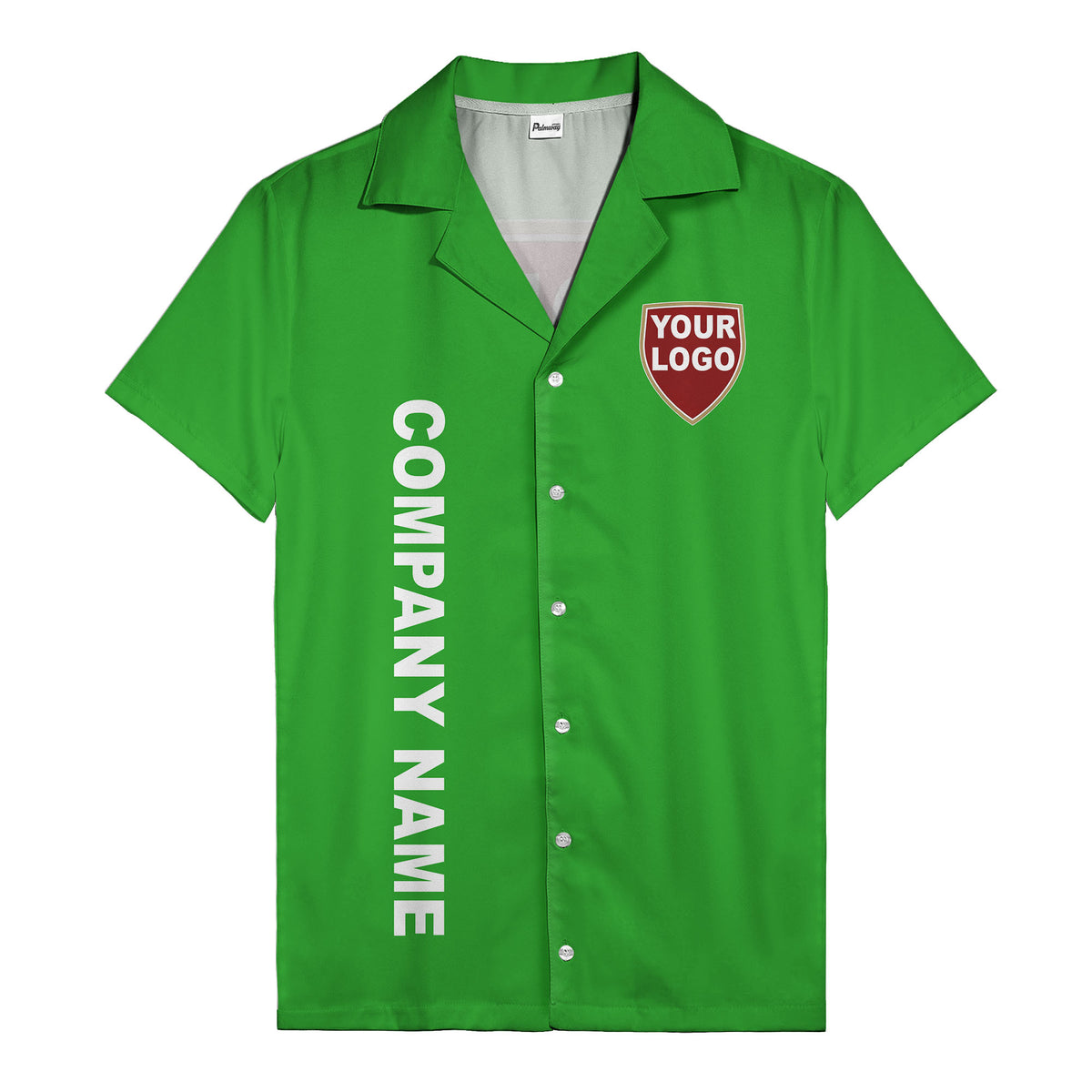shield logo & vertical text customizable corporate hawaiian shirt