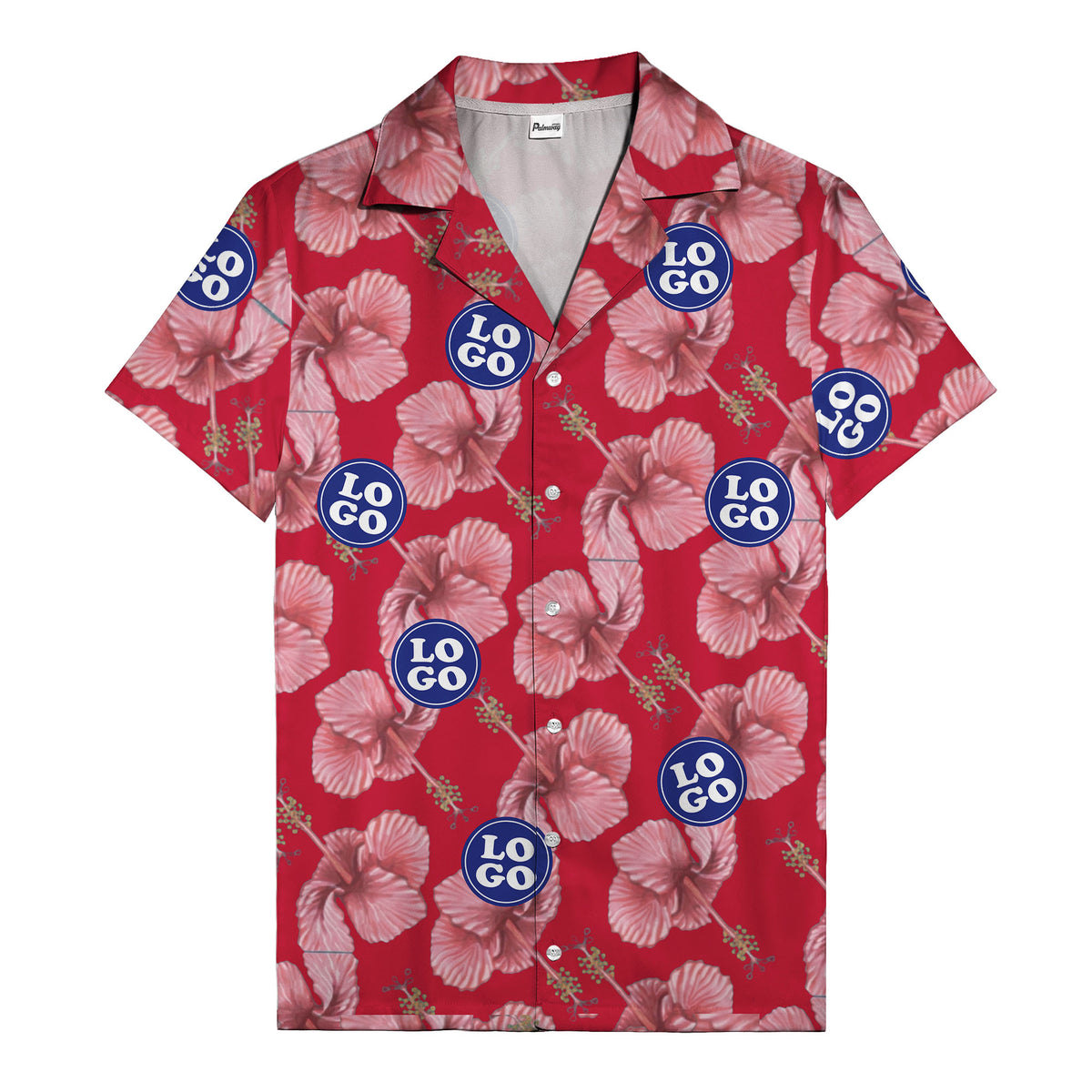 watercolor pink hibiscus & blue logo repeat aloha hawaiian shirt