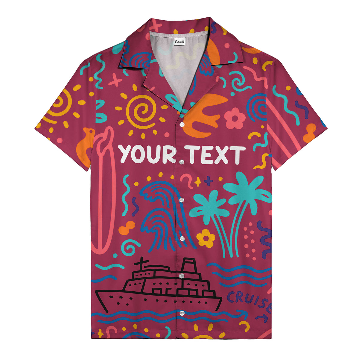 cartoon cruise ship palm trees surfboards wave hawaiian shirt