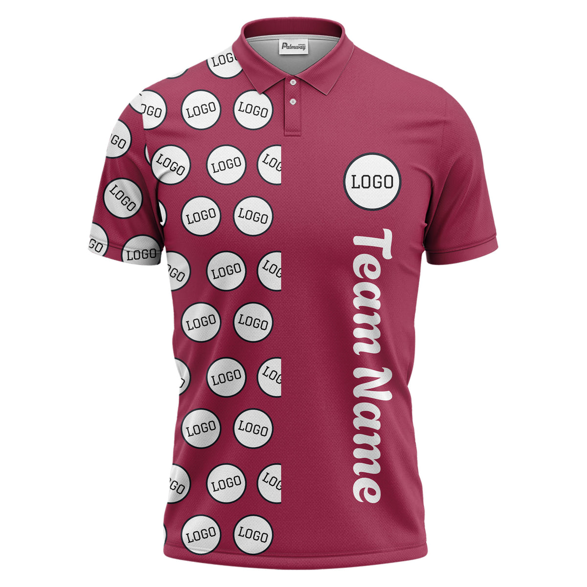custom team logo polka dot repeat black & white polo shirt for men