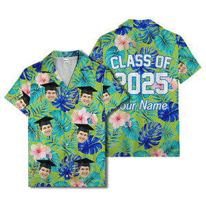 graduation caps tossed over hibiscus blooms on monstera hawaiian shirt