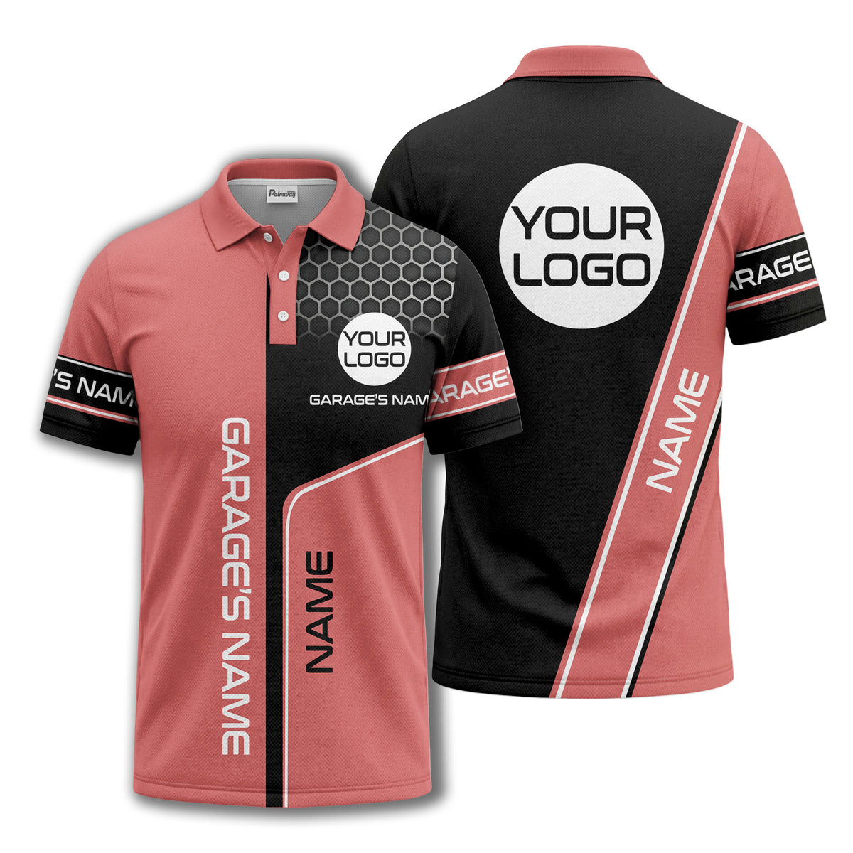 hexagonal grid garage name logo modern automotive polo shirt