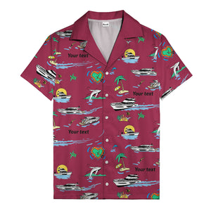 luxury yacht & heart-shaped island cartoon hawaiian shirt