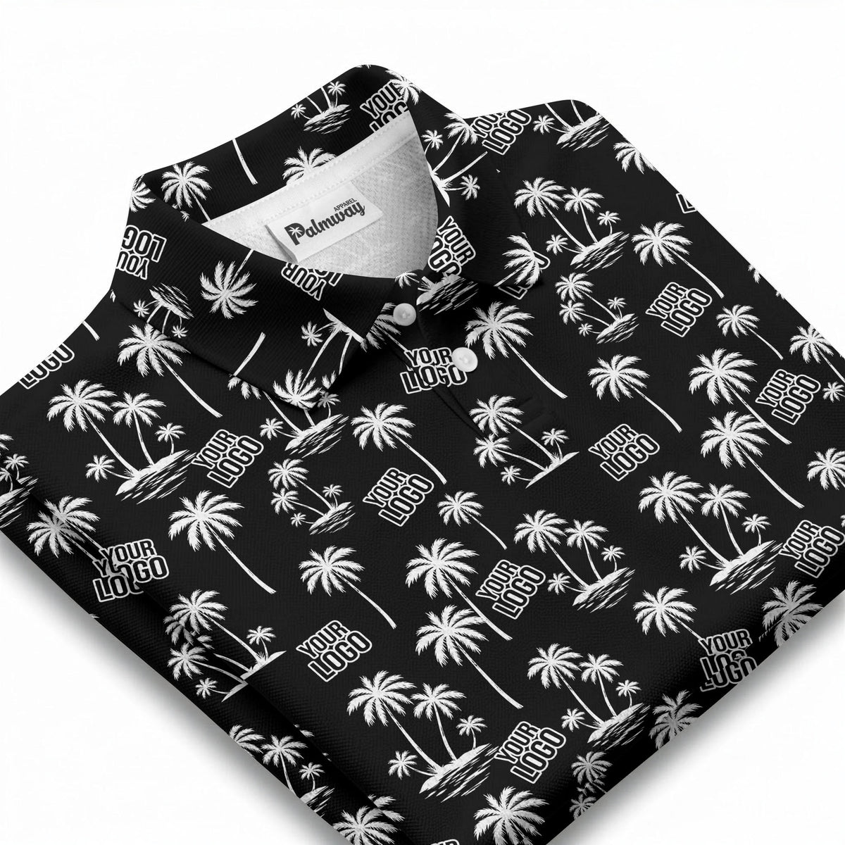 monochrome palm trees & custom logo repeat black white polo shirt